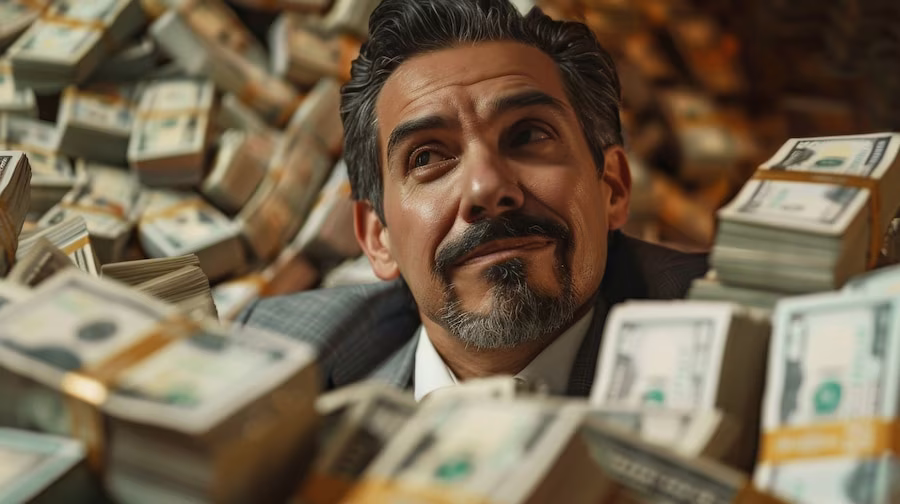 Man surrounded by money stacks