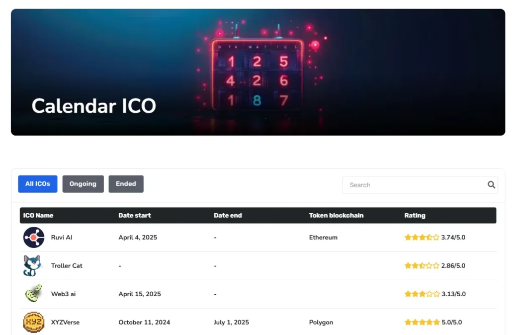 Example of ICO calendar by BEST ICO LIST